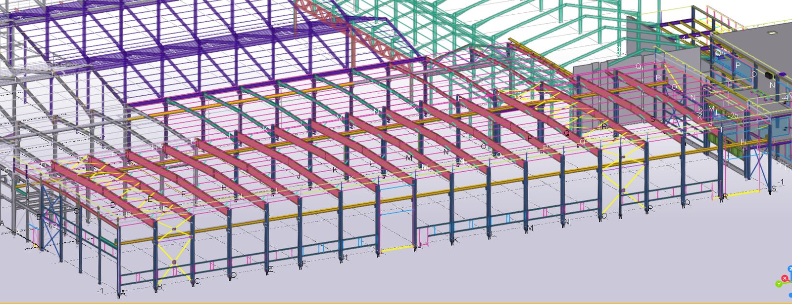Modélisation 3D Tekla d'une charpente métallique de bâtiment industriel — portiques, pannes et contreventements