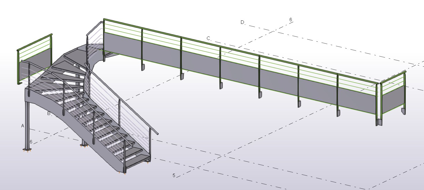 Escalier droit et passerelle métallique avec garde-corps à câbles inox