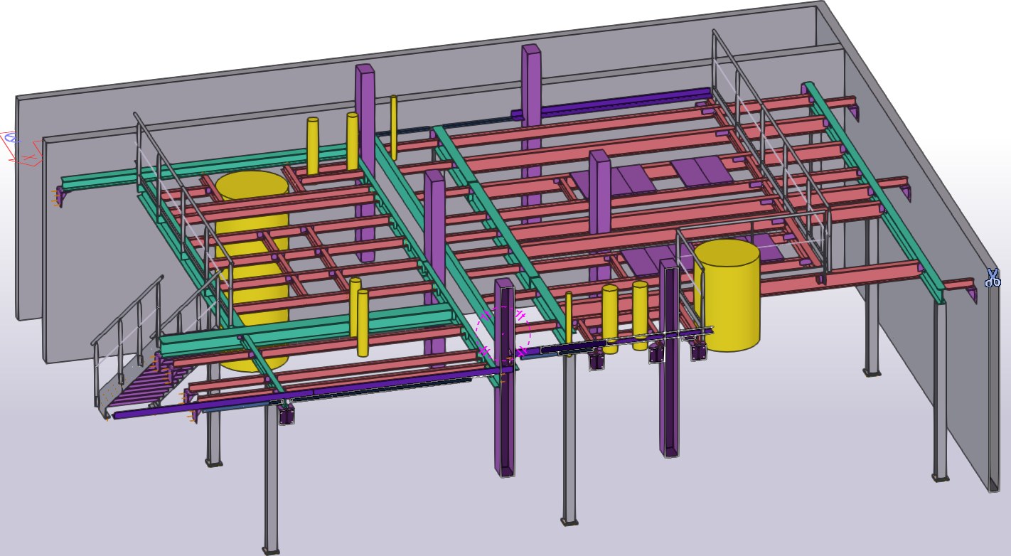 Plateforme industrielle et mezzanine métallique supportant des cuves de process