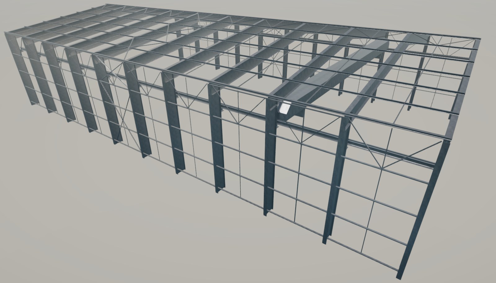Prédimensionnement de la charpente métallique d'une halle — rendu 3D de l'ossature